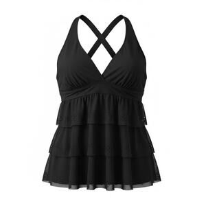 Mazu Swim Black Tiered Ruffle Tankini Top 18W Molded Cup Bralette